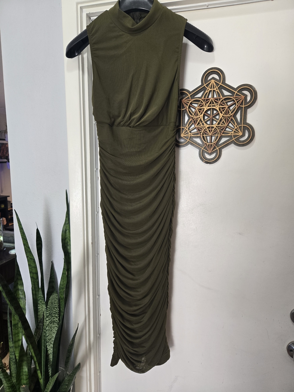 Olive Green Ruched Sleeveless Maxi Dress